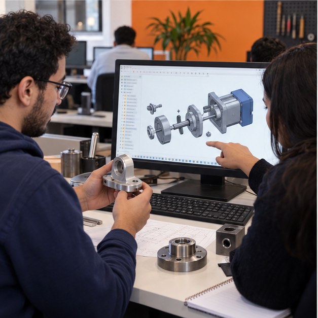 Étudiants comparant un assemblage Fusion 360 et un prototype mécanique