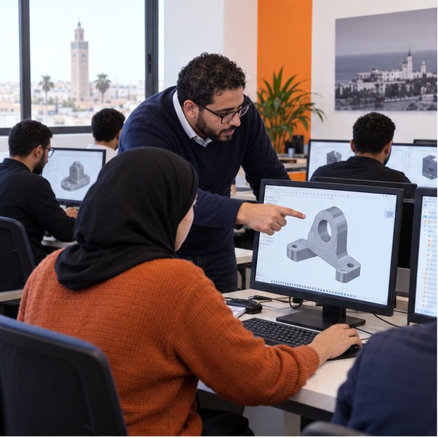 Formation Fusion 360 à Casablanca avec formateur et apprenante devant une pièce 3D