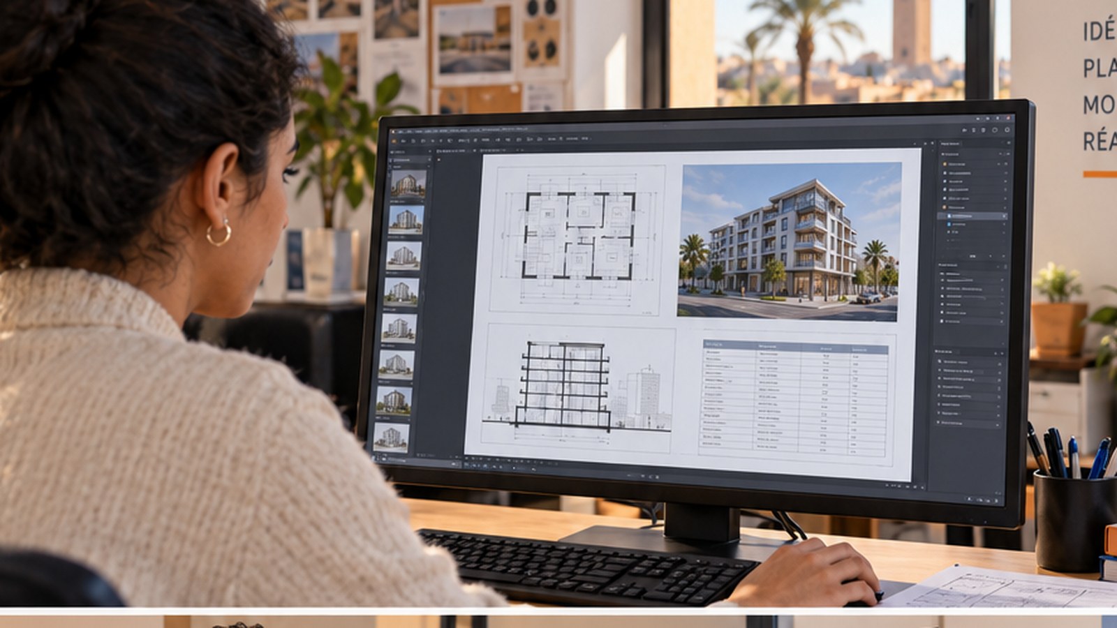 Apprenante préparant des planches professionnelles pour un portfolio BIM