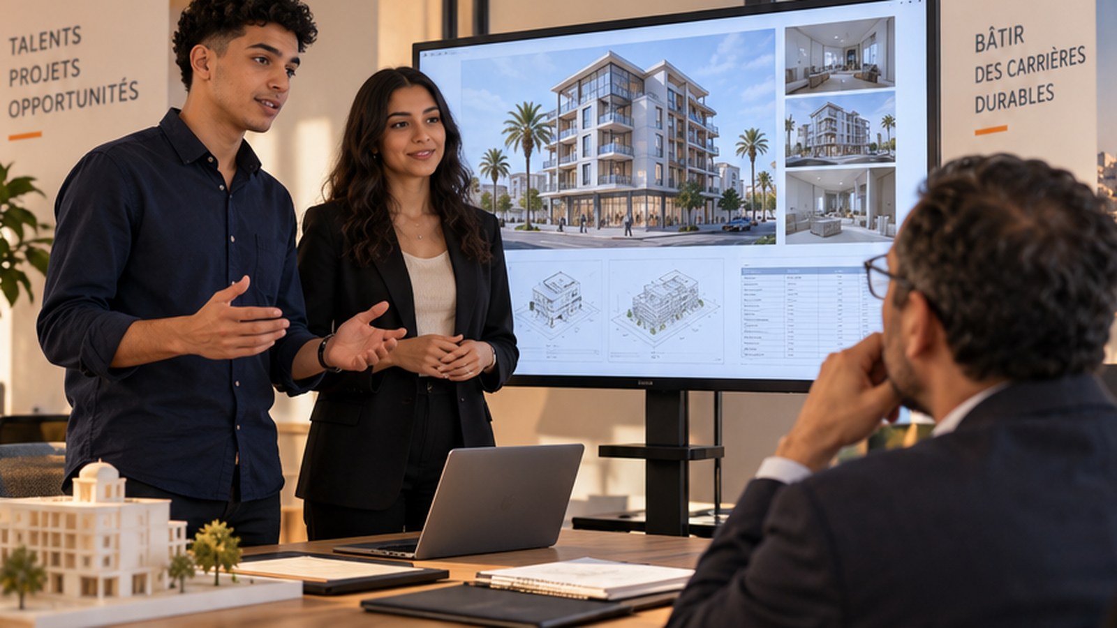 Étudiants présentant un projet BIM devant un recruteur au Maroc