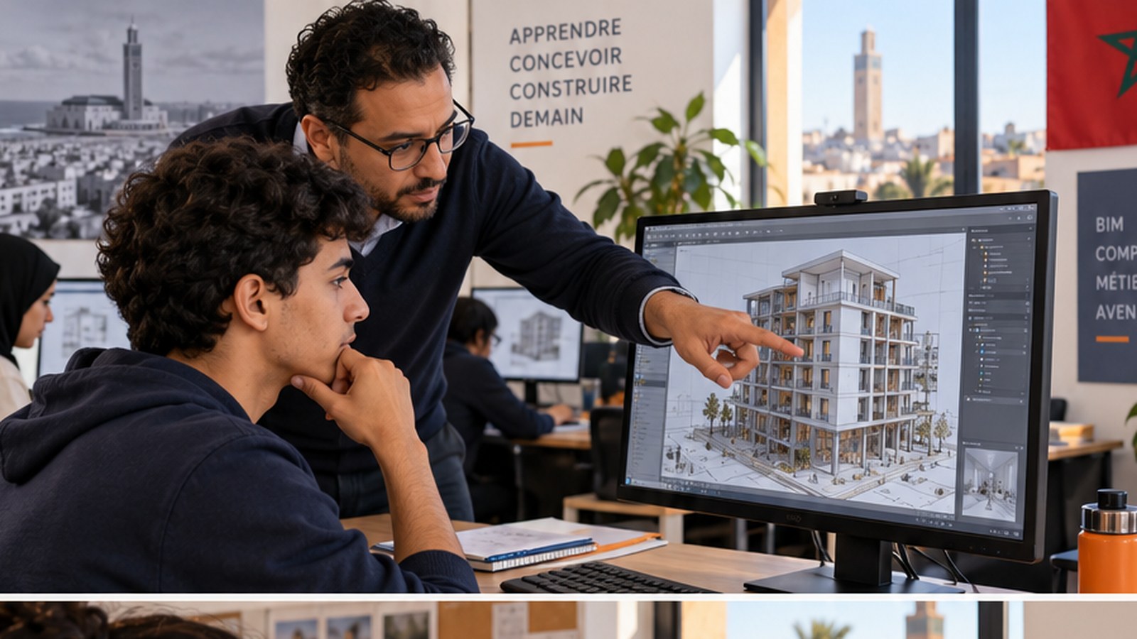 Formateur accompagnant un étudiant dans la préparation d’un portfolio BIM au Maroc