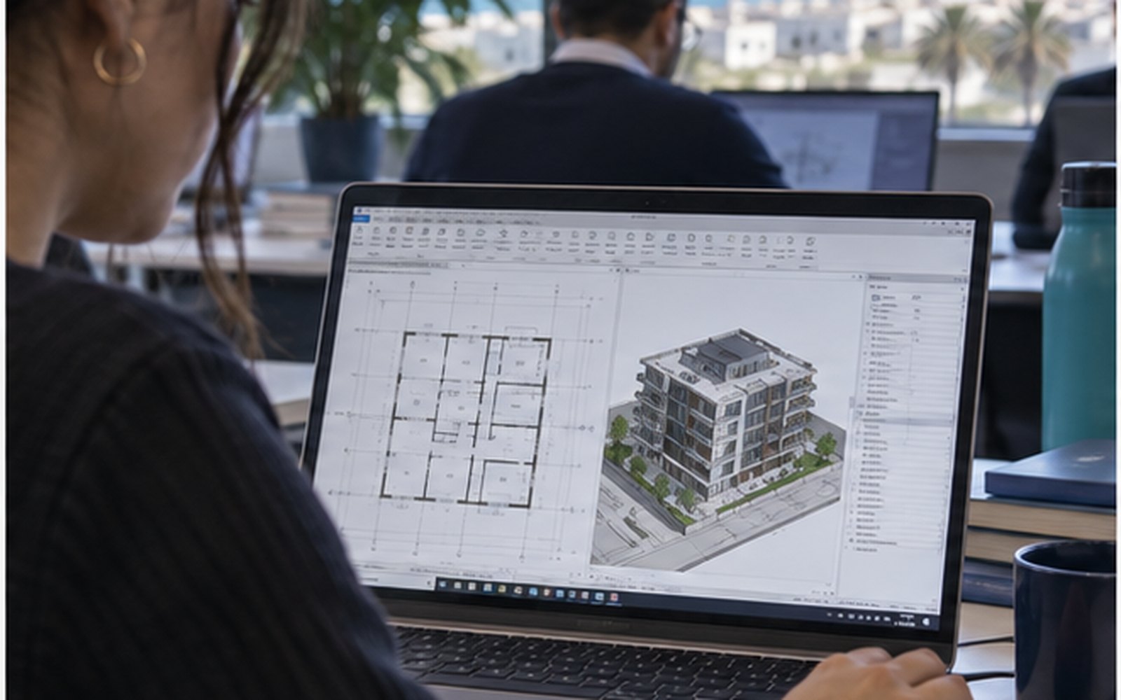 Stagiaire travaillant sur une maquette BIM architecturale dans Revit
