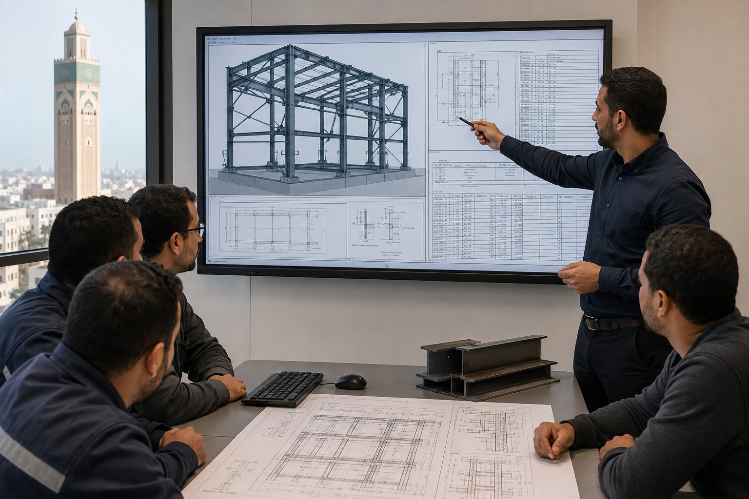 Formateur présentant des plans d’atelier et nomenclatures